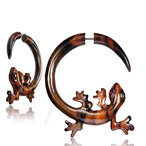 CHICNET Damen Herren Fake Piercing Dehnschnecke Dehnspirale Expander Dehner Hook aus Narraholz Holz und Edelstahl, handgeschnitzt, Gekko oder Ornament