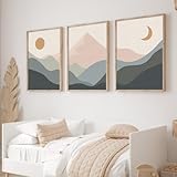 Mid Century Modern Boho Wall Art - Sun and Moon Canvas Abstract Mountain Print for Living Room and Bedroom Decor - 16x24inch No Frame