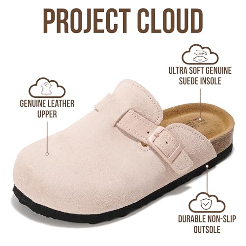 Image of Project Cloud Kids Clogs 100% Genuine Leather with Natural Cork Footbed & Memory Foam Insole Arch Support - Non-Slip Clogs for Kids - Slippers Sandals for Boys & Girls Footwear