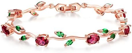 BISAER Mothers Day Gift/Lovely Rose Gold Plated Bracelets with AAA Cubic Zirconia Ruby Flower Emerald Leaf Beautiful Vine Bracelet for Women 7 Inch-Ideal Tennis Bracelets Valentine’s Day Gift