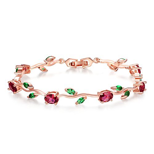 Bisaer Mothers Day Gift/Lovely Rose Gold Plated Bracelets With Aaa Cubic Zirconia Ruby Flower Emerald Leaf Beautiful Vine Bracelet For Women 7 Inch-Ideal Tennis Bracelets Valentine’s Day Gift #TOP22