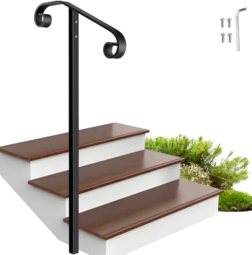 Zwinz Handrail Railing In-Ground Single Post Handrail Wrought Iron Stair Handrail Grab Rail for Steps Porch Long Post Fits 1 or 2 Steps Black