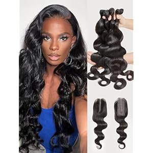 Body Wave Bundles Human Hair Human Hair Extensions Natural Brazilian Virgin Unprocessed Human Hair with Mono Top Closure 4 Bundles Black Color 16 18 20 22inch
