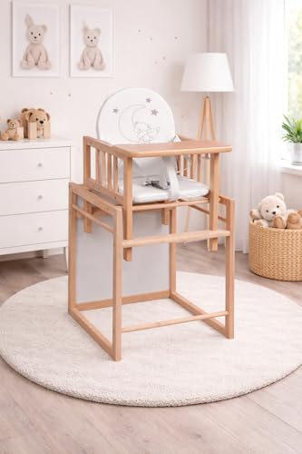 Chaise haute 2en1 BASIC – Chaise enfant avec fonction table | compacte & peu encombrante | bois de hêtre | 3 designs (Naturrel Lune)