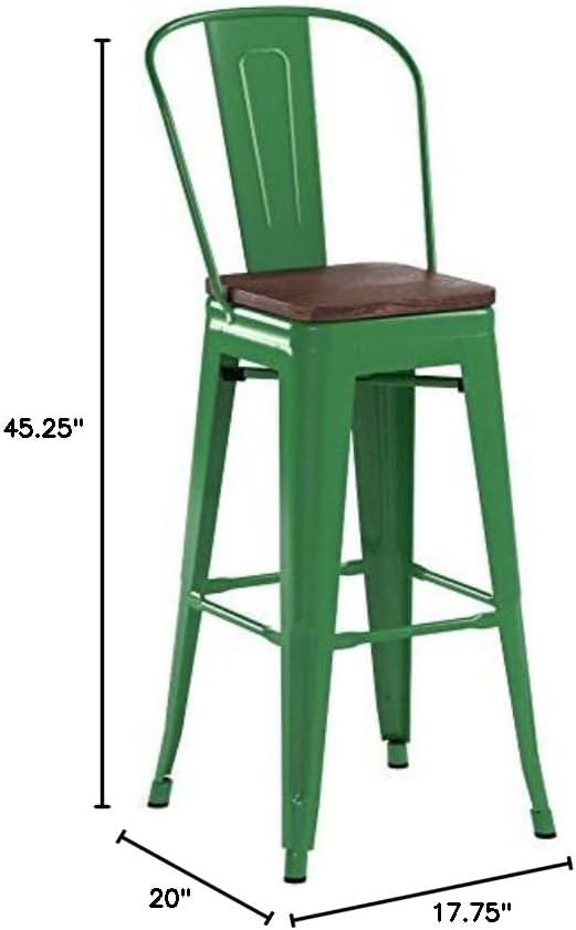 Taylor + Logan 24 Inch High Metal Counter Height Stool with Back and Wood Seat, Set of 4, Green
