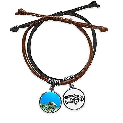 Bracelet tortue de mer en cuir et corde tressee avec photo ocean ajustable