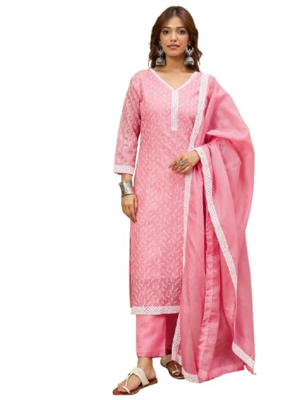Image of Varanga Women -Thread & Sequin Embroidered Yoke Kurta With Trouser & Scallop Dupatta