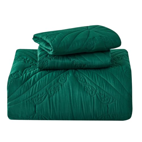 Image of Kingnex Oversized King Bedspreads 128x120 Ultrasonic Quilted Forest Green | Extra Wide Coverlet for Tall Split King Adjustable Bed or Cal King Size, 3 Piece Include 1 Quilt, 2 King Size Pillowcases