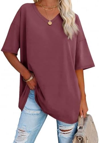 Ebifin T-shirt surdimensionné pour femme avec col en V, manches courtes, décontracté, basique, pour l'été, rouge bordeaux, XXL
