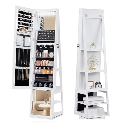 Hzuaneri 16 LEDs Jewelry Cabinet Armoire, 63" H Standing Jewelry Organizer with 360° Rotating Base, Lockable Full-length Mirror, Large 4-tier Storage Shelves, 4-in-1 Multifunctional, White JC16003B