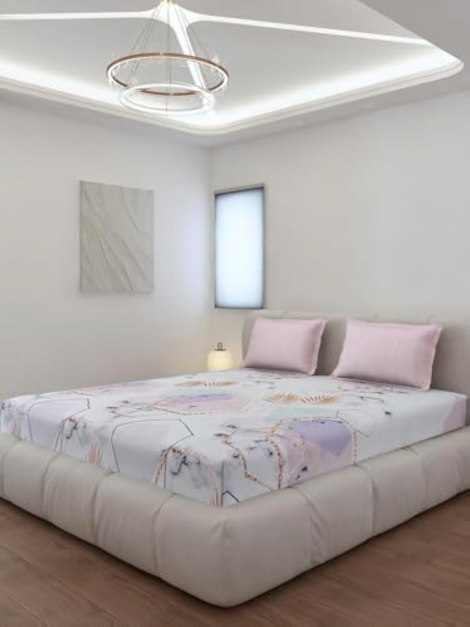Light Pink Printed King Size Fitted Bedsheet with Pillow Covers