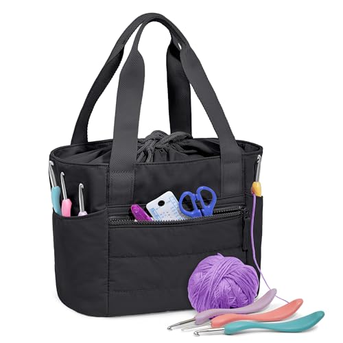 Teamoy Aufbewahrungstasche mit Kordelzug für Wolle, Tragbare Stricktasche zur Aufbewahrung von Garn, Häkelnadeln und Stricknadeln, Schwarz, klein, (Nur Tasche)