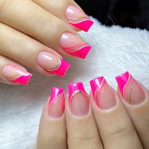Mkwntg Pink Press on Nails Medium Square Fake Nails French Tip False Nails with Gold Glitter Line Designs Glossy Full Cover Glue on Nails Hot Pink Artificial Nails for Women Girls Nail Decor 24Pcs Cover