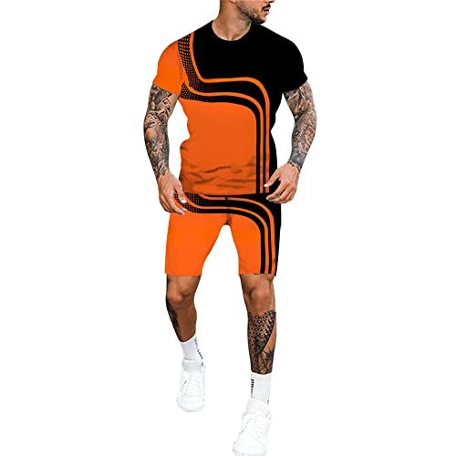Traje de verano para hombre de 2 piezas, chándal cómodo, camiseta y pantalones cortos, conjunto de ropa de calle, chándal para el ocio, traje de casa de dos piezas para caminar, naranja, 3XL