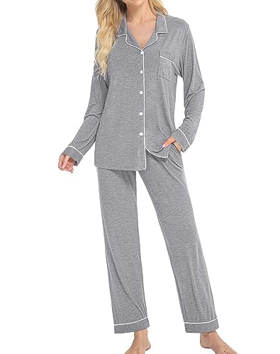 Image of SWOMOG Womens Pajamas Set Long Sleeve Sleepwear Button Down Nightwear Soft Cotton Pj Lounge Sets