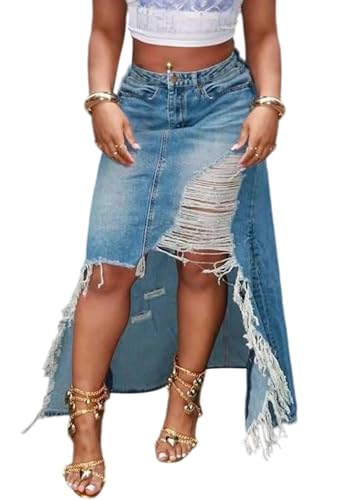 DINGANG Women's Slit Long Denim Skirt High Waist Casual Frayed Midi Jean Skirts with Pockets