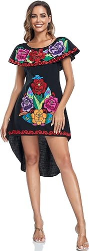 YZXDORWJ Women's Mexican Asymmetrical Dress Embroidered Floral Off-Shoulder Cocktail Latina Fiesta Dress4