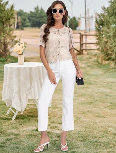 Womens Tie Front Cardigan Short Sleeve Summer Sweater Crochet Cropped Tops Casual Cover Up4
