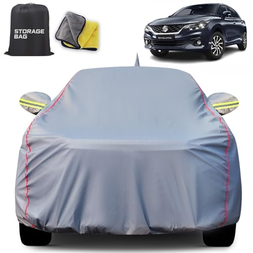 Image of for Maruti Baleno Car Cover for All Weather Protection with 100% Waterproof, Mirror Pockets, Soft Lining, Triple Stitched, Adjustable Belt and Bottom Elastic to Secure Fit (Metallic Grey)