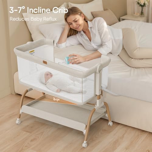 Baby Bassinet Bedside Crib, 3-in-1 Baby Bassinet Bedside Sleeper with Mattress and Soft, Breathable Sheet, Full-Mesh Sides, 6-Height Adjustable, Stable and Secure Crib for Newborns - Image 3