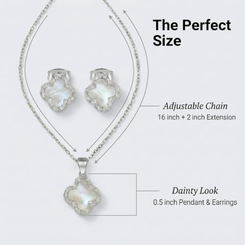 SHINYY Four Leaf Crystal Clover Necklace Earring Set for Women 18K Gold Plated Stainless Steel Cubic Zirconia Pendant 4 Leaf Lucky Ear Studs Jewelry Gift for Mother and Daughter (White Silver Set) by SHINYY - Used condition - Image 6