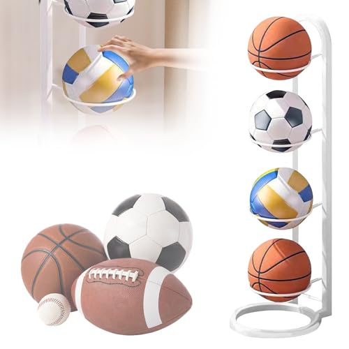 SKIKHN Estante De Almacenamiento De Pelotas, 4 Niveles Soporte Balon Futbol, Almacenamiento Vertical De Pelotas, Estante Vertical De Almacenamiento para Pelotas De Baloncesto para Balones, Blanco