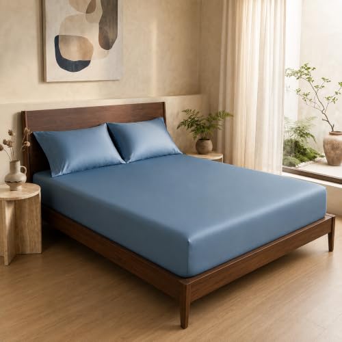 Image of HOMEMONDE 100% Bamboo King Size Fitted Bedsheet with 2 Pillow Covers | 300 TC Luxury Cooling Elastic Fitted Sheet | Ultra Soft, Breathable & Moisture Wicking | (Bahamas Blue, 78x72 Inches)