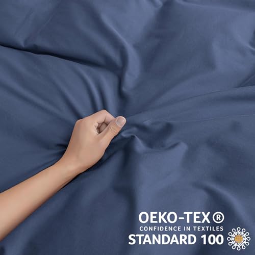 Image of JELLYMONI Cotton Duvet Cover King Size - Blue Comforter Cover with Button 100% Washed Cotton 3PCS Breathable Soft Solid Bedding Set Duvet Cover 104x90in & 2 Pillowcases (NO Comforter)