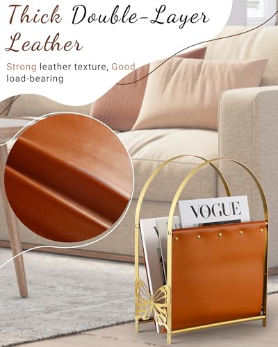 Aocii Magazine Holder, Artificial Leather Magazine Rack Floor with Golden Butterfly Hardware & Antique Brass Buckles, Bathroom Magazine Rack, Magazine Organizer for Floor Standing Home Decor - Image 4