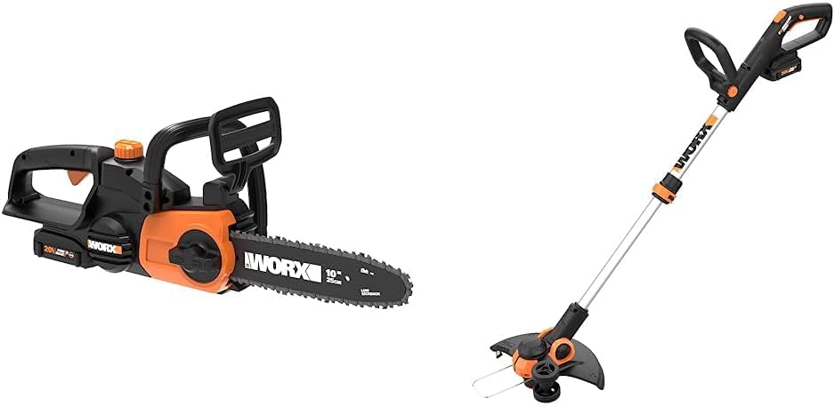 WORX WG322 20V Power Share 10" Cordless Chainsaw with Auto-Tension & WG163 GT 3.0 20V PowerShare 12" Cordless String Trimmer & Edger (2 Batteries & Charger Included)