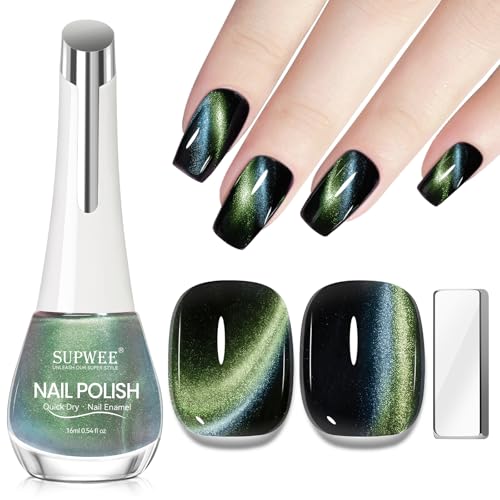 SUPWEE Magnetic Nail Lacquer Non Gel (Need Use Black Nail Polish), Quick Dry Cat Eye Nail Polish with Magnet Cateye Fingernail Polish Air Fast Drying Manicure