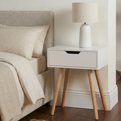 Image of UHUD CRAFTS Wooden Bedside Table with Drawer | Modern Nightstand for Bedroom | Compact Side Table with Storage | End Table for Living Room, Office & Home Decor | White Finish with Natural Wood Legs