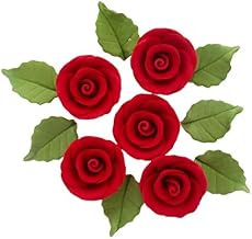 Global Sugar Art Premium Wedding Rose Edible Sugar Cake & Cupcake Flowers, Unwired Red, 12 Count with Leaves by Chef Alan Tetreault
