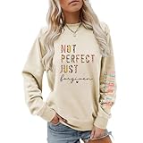 CIFEUEO Not Perfect Just Forgiven Christian Graphic Sweatshirt For Women, Inspirational Bible Verse Long Sleeve Tops Beige