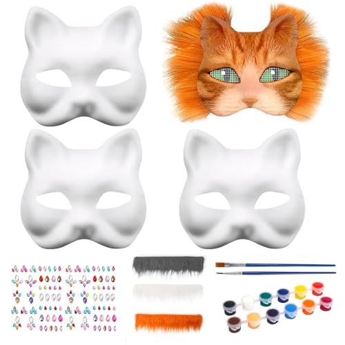 3 máscaras de gato para pintar, conjunto de máscaras de gato para pintar de feltro, máscara de gato DIY com autocolantes de pedras preciosas e barba, máscaras faciais em branco para fantasias
