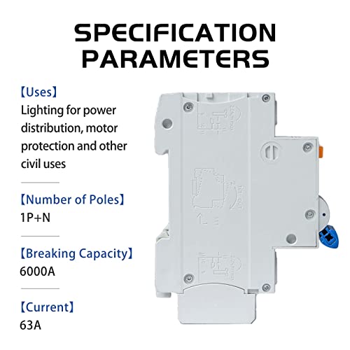 Sfb1L-63Hc-1P+N Miniature Circuit Breakers Din-Rail Installation Ac 50/60Hz Current Of 63Amp Voltage 230V Overload, Earth Leakage Protection Thermal Magnetic Trip Short-Circuit Protection #TOP1