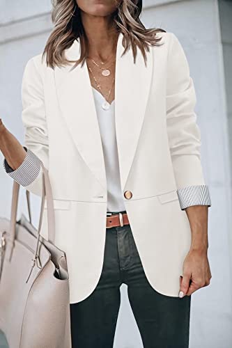Genhoo Women's Casual Jackets Long Sleeve Lapel Button Work Office Blazer With Pockets White L #TOP1