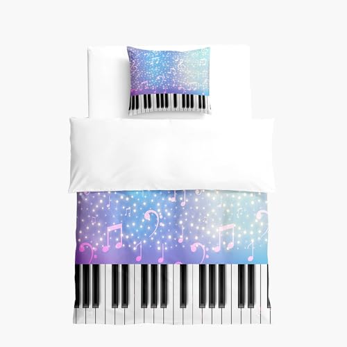 Hixingo Parure de Lit Enfant, 1 Housse de Couette avec Fermeture Éclair + 1 Taie d'oreiller, Microfibre Linge de Lit 1 Personne,Mignon 3D Notes de Musique Imprimé (Piano,120x150cm+40x60cm)