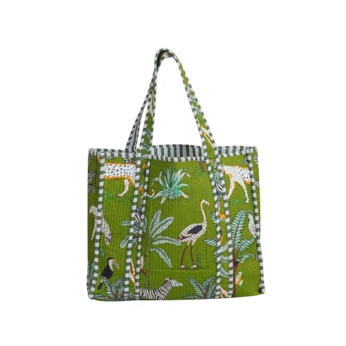 Image of Cotton Tiger Block Print Tote Bag, Indian Handmade Shopping Shoulder Bag, Unisex Market Daily Use