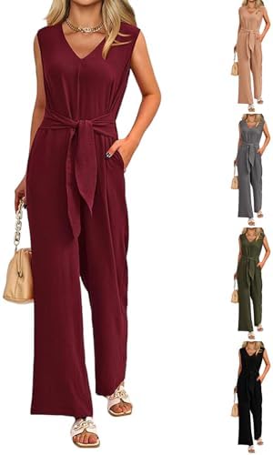 Semi Formal Jumpsuits for Women Dressy Wide Strap Tank Top Romper Loose Leg V Neck Belted Overall Linen Clothing