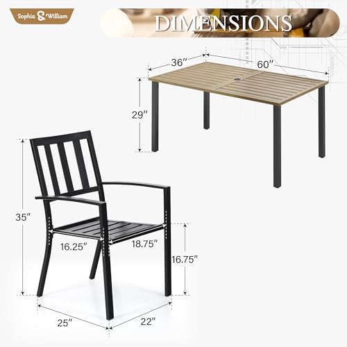 Image of Sophia & William Patio Table and Chairs Set, Outdoor Dining Set for 6, 7 Piece Metal Patio Furniture, 60 inch Rectangular Table with Wood-Like Tabletop(Stripe)