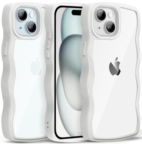 iPhone 15 ケース クリア ウェーブ おしゃれ 韓国 かわいい 可愛い アイフォン15 スマホケース 人気 シンプル 滑り止め 薄型 軽量 耐衝撃 指紋防止 レンズ保護 ストラップホール付き シリコン 透明（ホワイト）