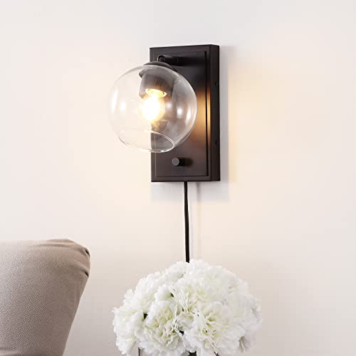 Image of JONATHAN Y 6 inch Oil Rubbed Bronze 1-Light Modern Wall Sconce, Plug-in or Hardwired LED Adjustable Wall Light with Dimmer Switch, Clear Glass Globe Shade, Mid-Century Lamp JYL7567A