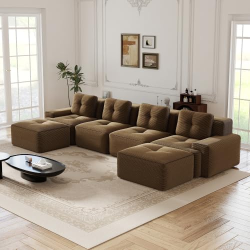 Image of 153 inch U-Shaped 4-Seater Modular Boneless Couch with 2 Ottomans, Premium Corduroy Upholstery, Deep Seat Cloud sectional Sofa, No Assembly Anti-Slip Design, Brown