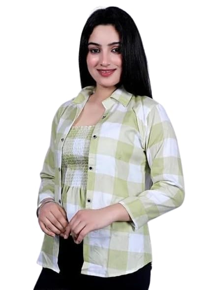 Women's Green and White Plaid Crop Top with Long Sleeves, Casual Stylish Design Combo of Shirt & Tube Top-image-43