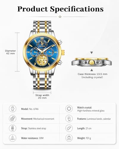 Image of OLEVS Men Automatic Skeleton Watch - Luxury Stainless Steel Calendar Moon Phase Mechanical Dress Wrist Watch with Luminous, Waterproof Self-Wind (Gold /Silver /Blue /Black)