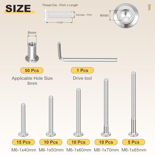 Image of METALLIXITY Furniture Crib Screws Replacement Set with Wrench(M6-1x40 /50 /60 /70 /85mm) 100Pcs, Connector Bolts M6 Screw Barrel Nuts Binding Screws, for Chair Cabinet Bed, Silver
