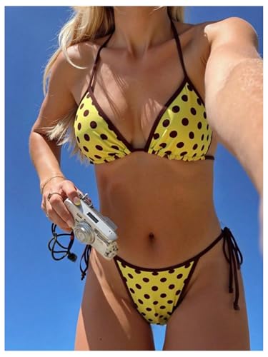 Image of WDIRARA Women's Polka Dots 2 Piece Swimsuit Halter Triangle String Bikini Set Tie Side Bathing Suit