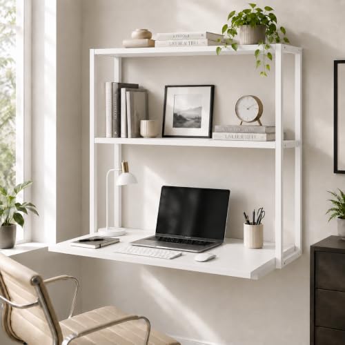 Image of Lukzer Wall Mounted Study Table with Multipurpose Storage Shelves (MMR-007 /White & White) Engineered Wood & Metal Frame, Space Saving Work Desk for Laptop, Bookshelf, Decor & Home Office (83x79x40 cm)