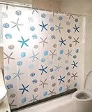 Whoiy Duschvorhang Seesterne & Muscheln Gedruckt Halbtransparent 180 x 180 für Badewanne, Shower Curtains peva Mehrfarbig mit Muster Anti Schimmel Badewannenvorhang mit Duschvorhangringe